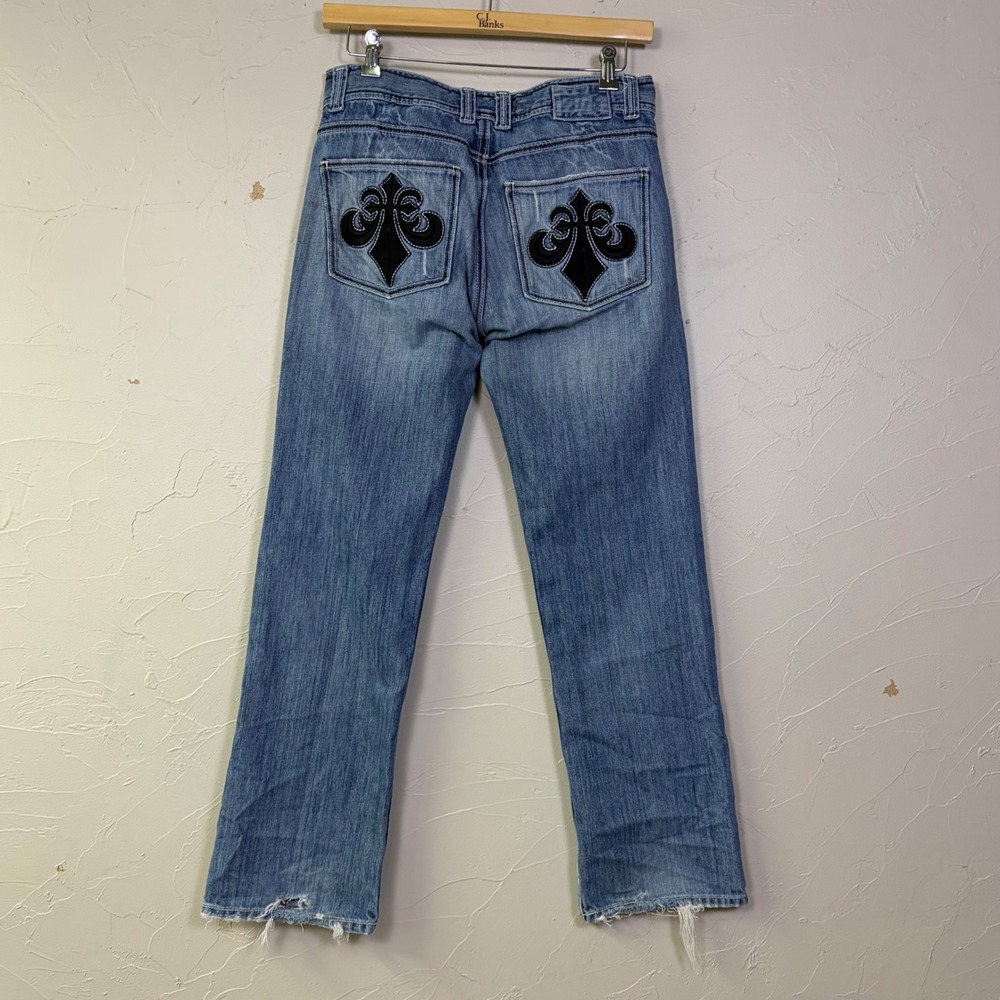 Affliction Distressed Denim Jeans Mens 34x34 Fleur De Lis Embroidered Cyber Y2K